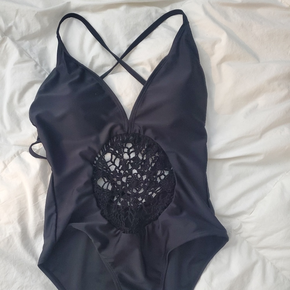 Black crochet waisted bathing suit